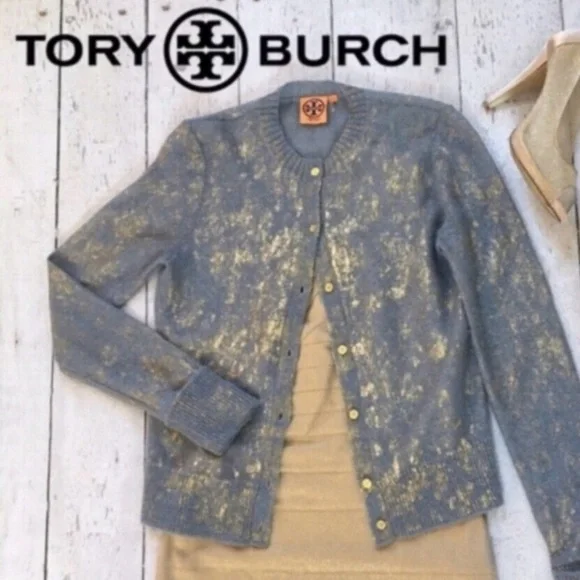 Tory Burch metallic blue/gray gold shimmer button up cardigan sweater xs RARE